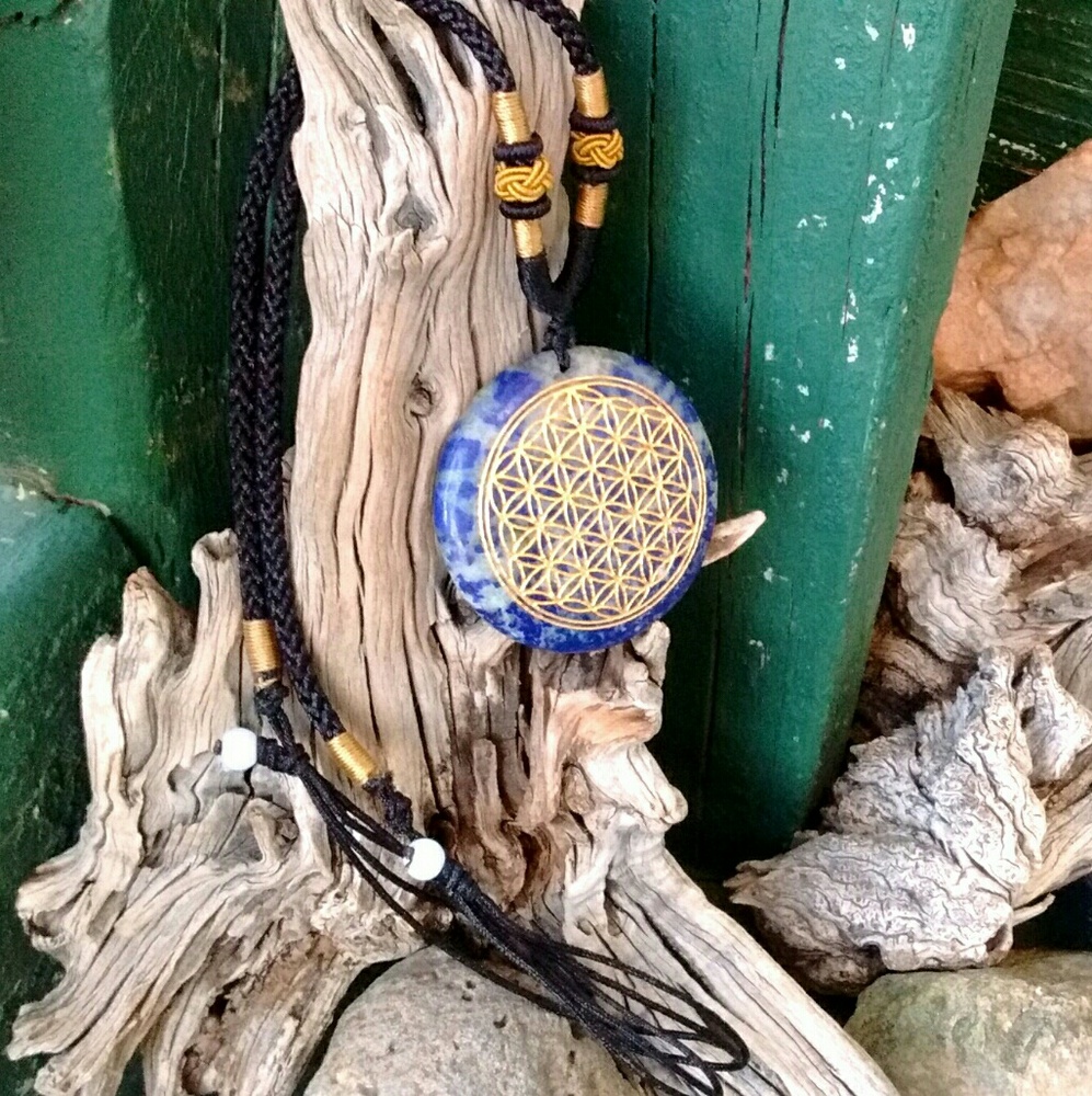 Natural Lapis Lazuli Flower of Life Necklace - Picture 3 of 7